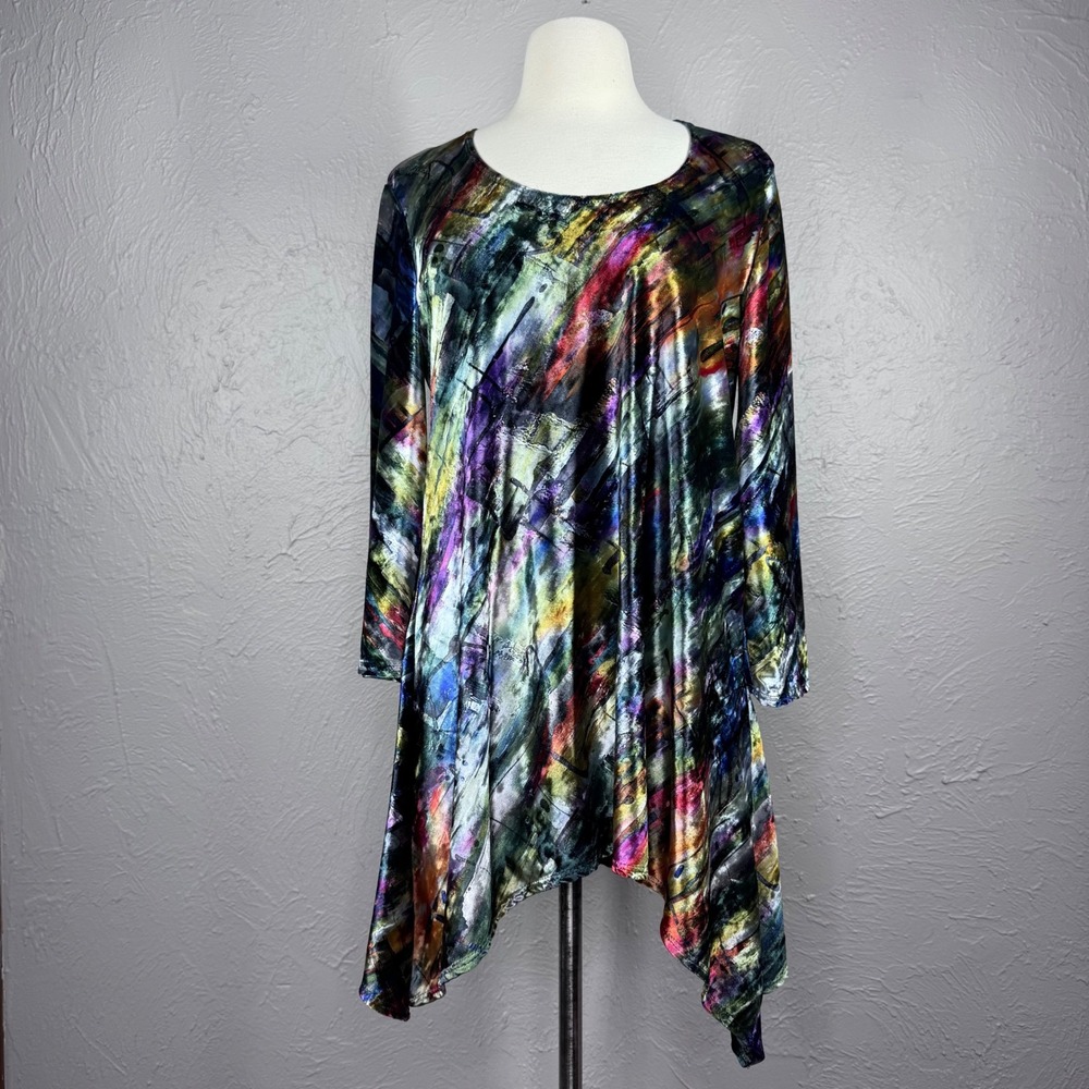 Slinky Brand Women Medium Abstract Art Velvet  Asymmetrical Tunic Art to Wear